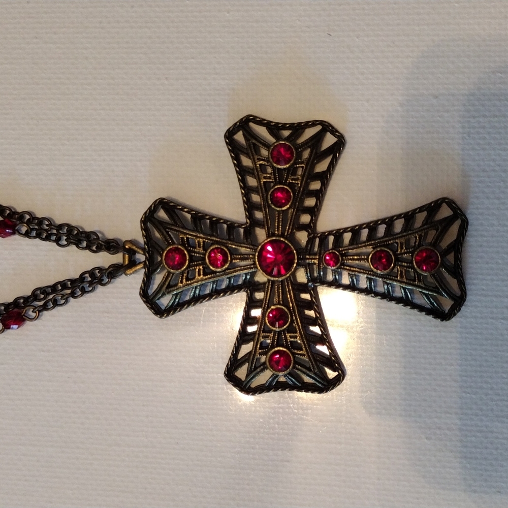 VJ Beautiful Cross with red gems. Double chain necklace.